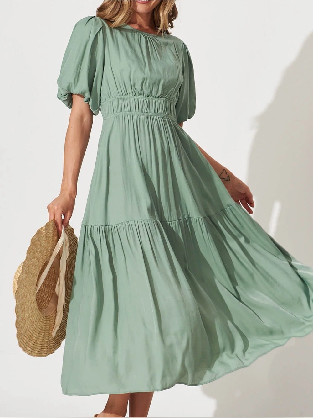 Moon River Puff Sleeve Midi Dress